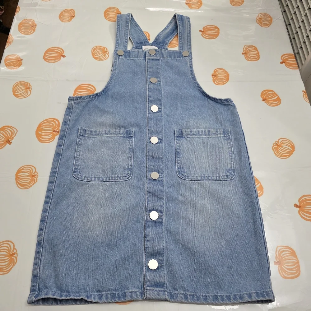 Girls Light Blue Cotton Denim Buttoned Overall Dress Size 12 NEW